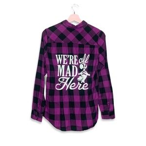 Women’s Disney Flannel Purple Shirt Alice in Wonderland Were All Mad Here Size S